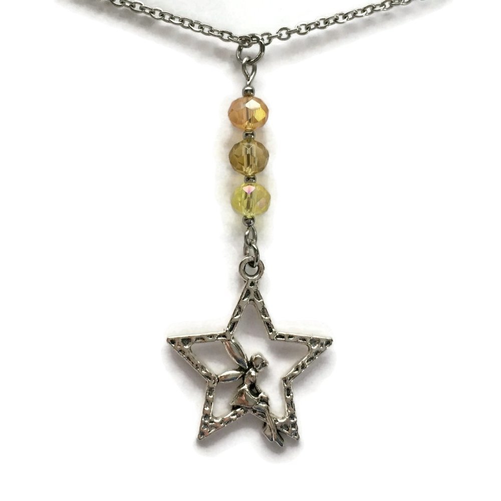 🧚 Fairy Star Necklace Silver & Stainless Steel Yellow Beads Pixie Handmade